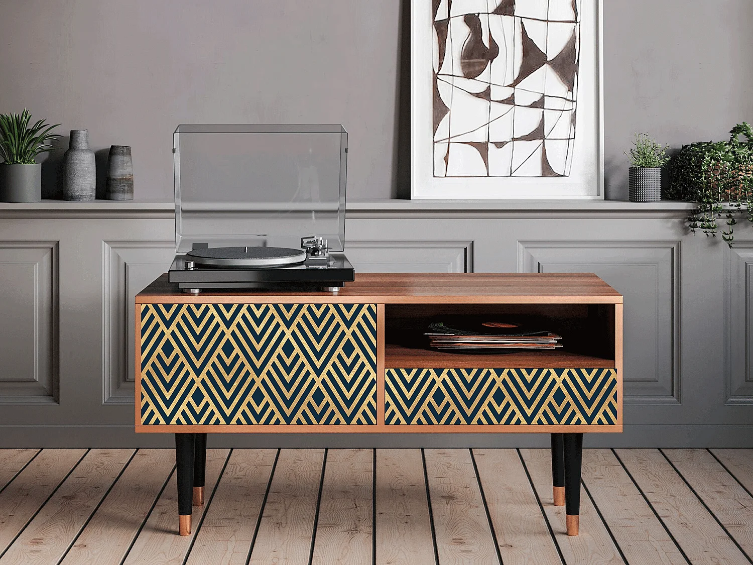 Meuble TV - 115х59х48 cm - T3 - Egypt Triangles, Noyer