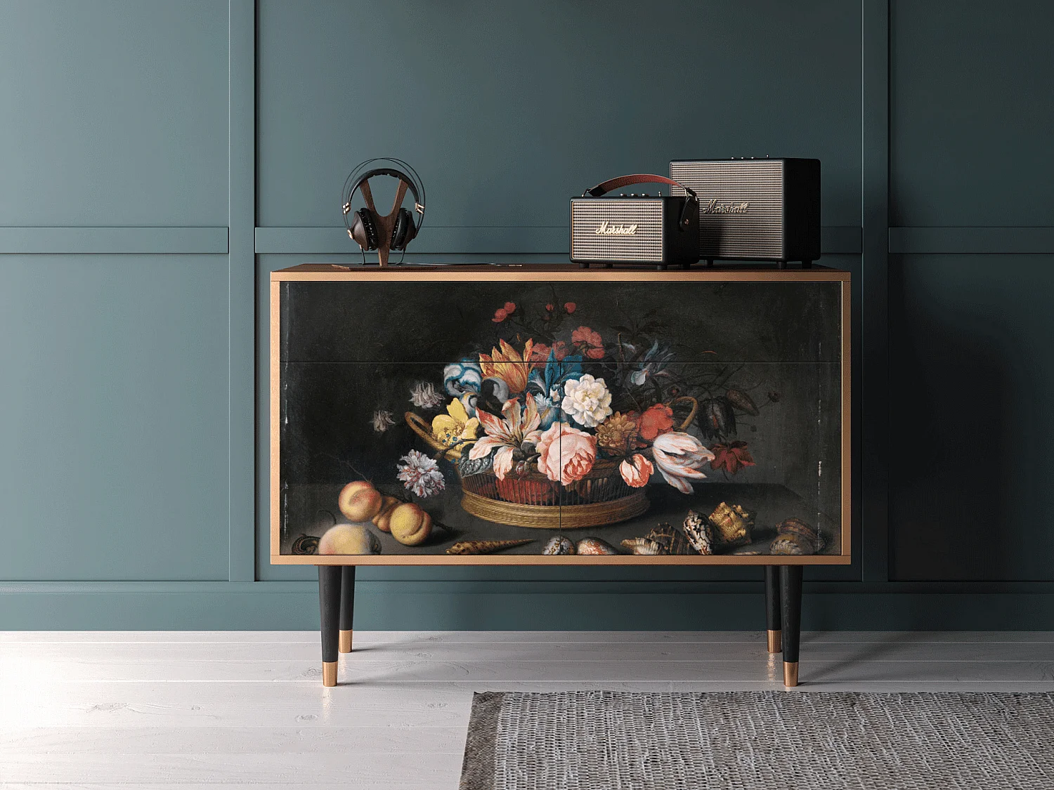 Buffet - 115x85x48 cm - BS4 - Still Life with Flowers, Noyer