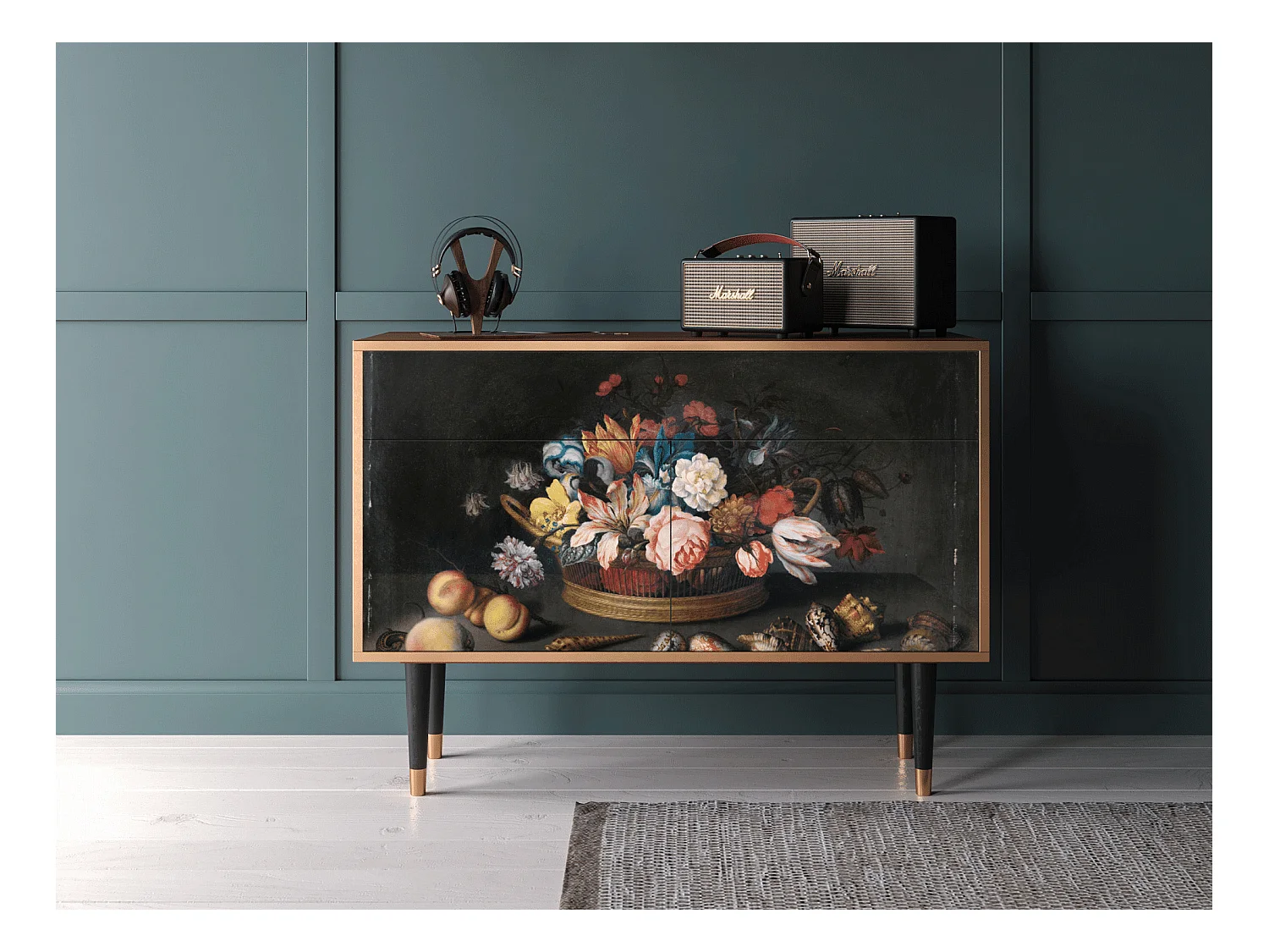 Buffet - 115x85x48 cm - BS4 - Still Life with Flowers, Noyer