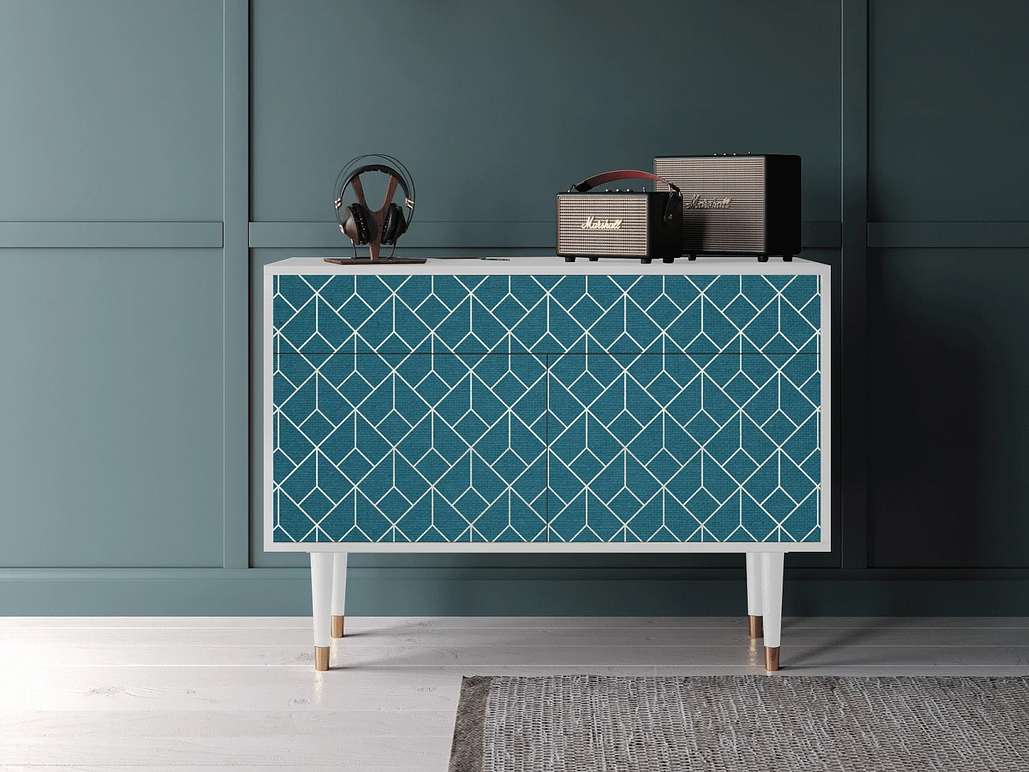 Kredens - 115x85x48 cm - BS4 - Turquoise Geometry, Biały