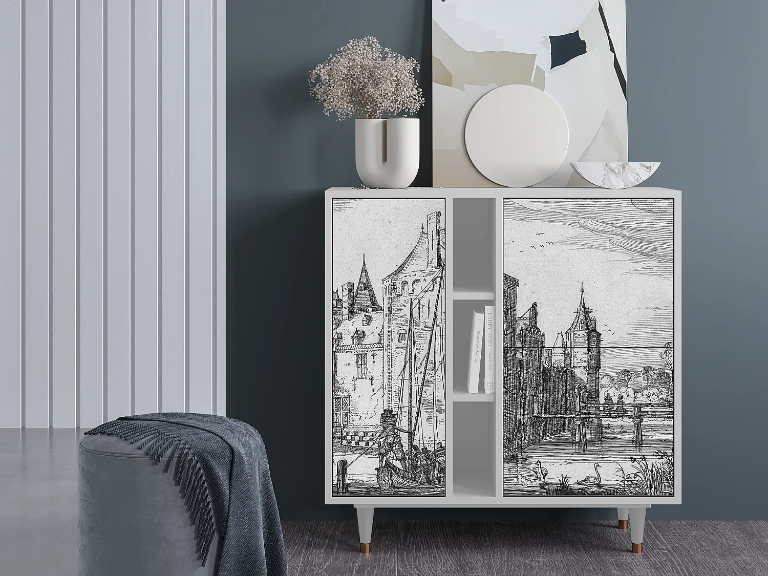 Kredens - 94х96х41 cm - BS5 - Castle with Bridge, Biały