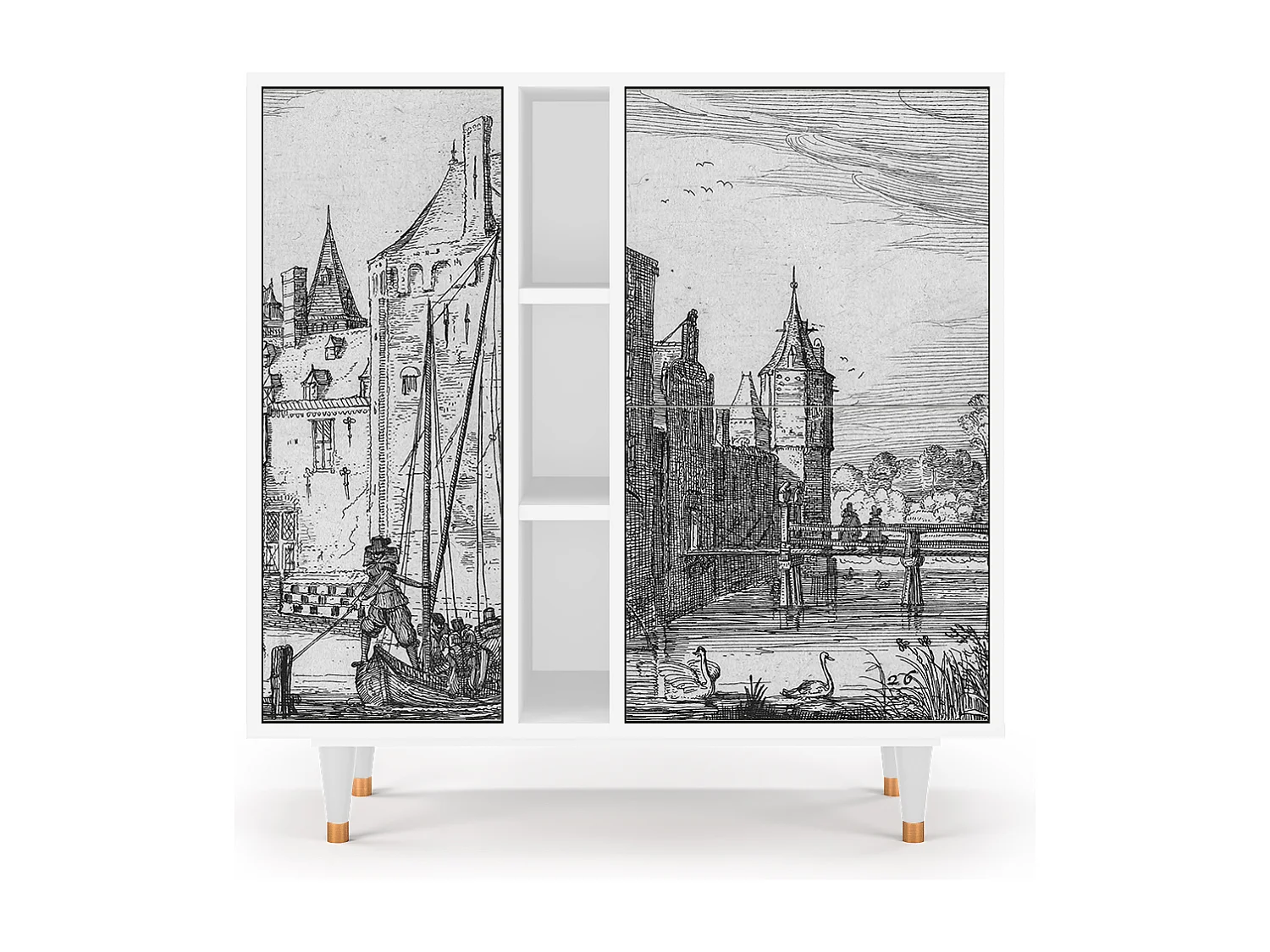 Kredens - 94х96х41 cm - BS5 - Castle with Bridge, Biały