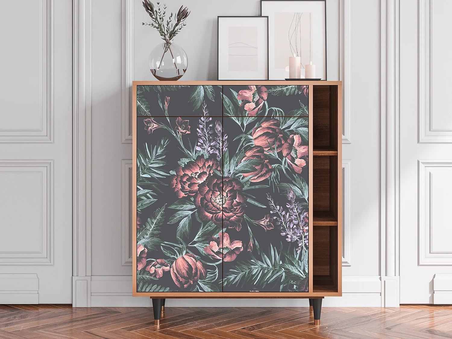 Kredens - 96х110х41 cm - BS6 - Dark Peonies, Orzech