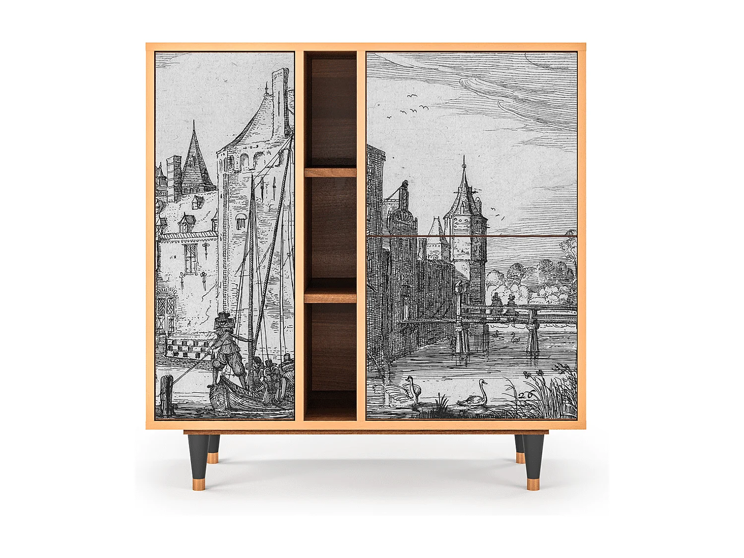 Kredens - 94х96х41 cm - BS5 - Castle with Bridge, Orzech