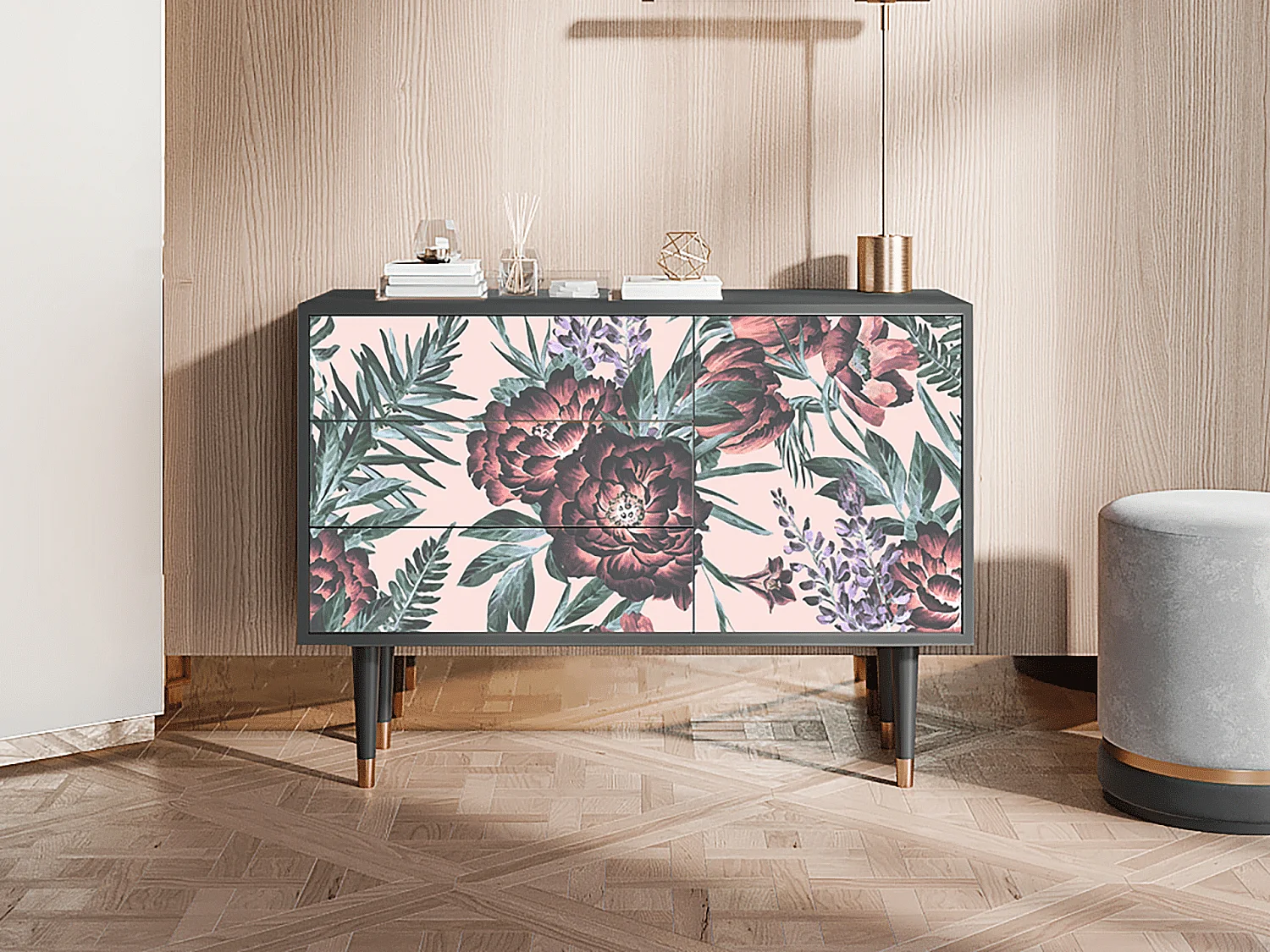 Aparador - 115х84х41 cm - S3 - Peach Peonies, Antracite