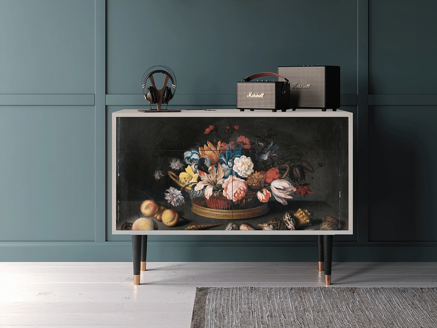 Kredens - 115x85x48 cm - BS4 - Still Life with Flowers, Piaskowy