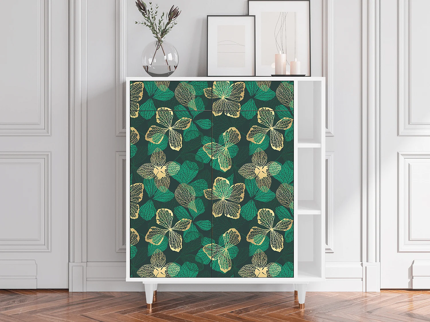 Kredens - 96х110х41 cm - BS6 - Green Flower, Biały