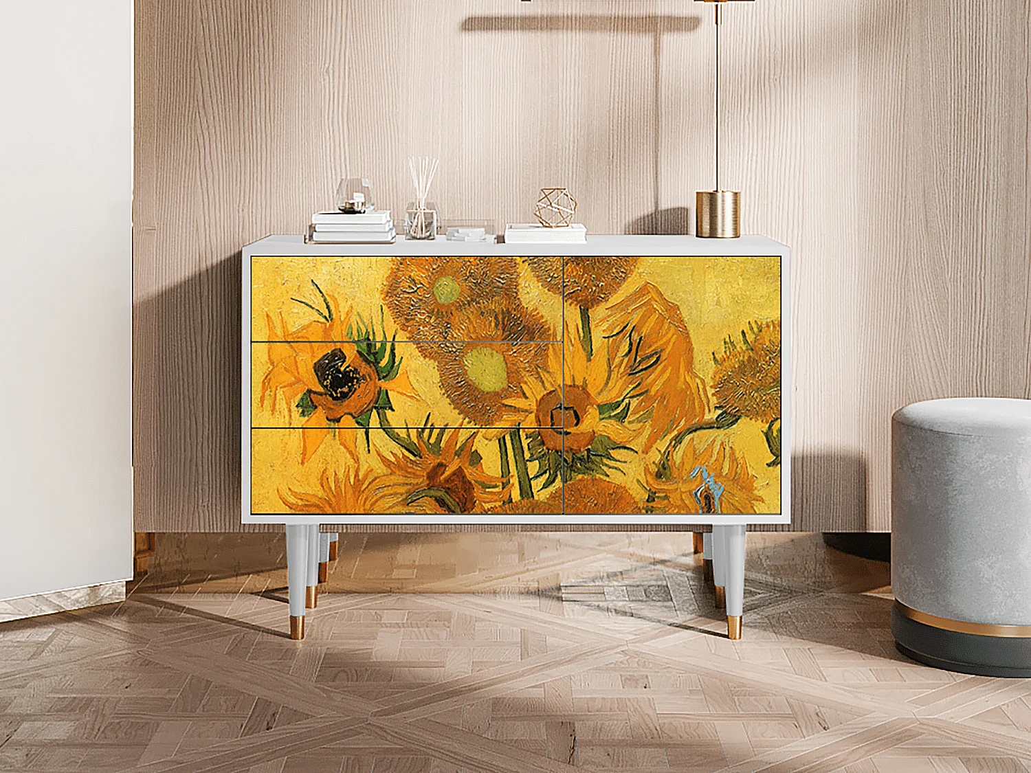 Kredens - 115х84х41 cm - S3 - Sunflowers, Biały