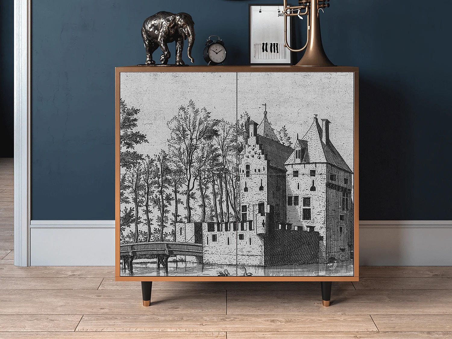 Kredens - 94x96x48 cm - BS3 - Castle with Bridge, Orzech