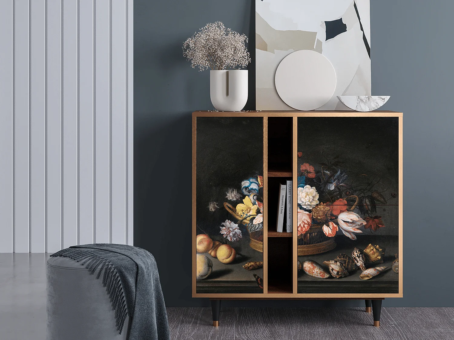 Kredens - 94х96х41 cm - BS5 - Still Life with Flowers, Orzech