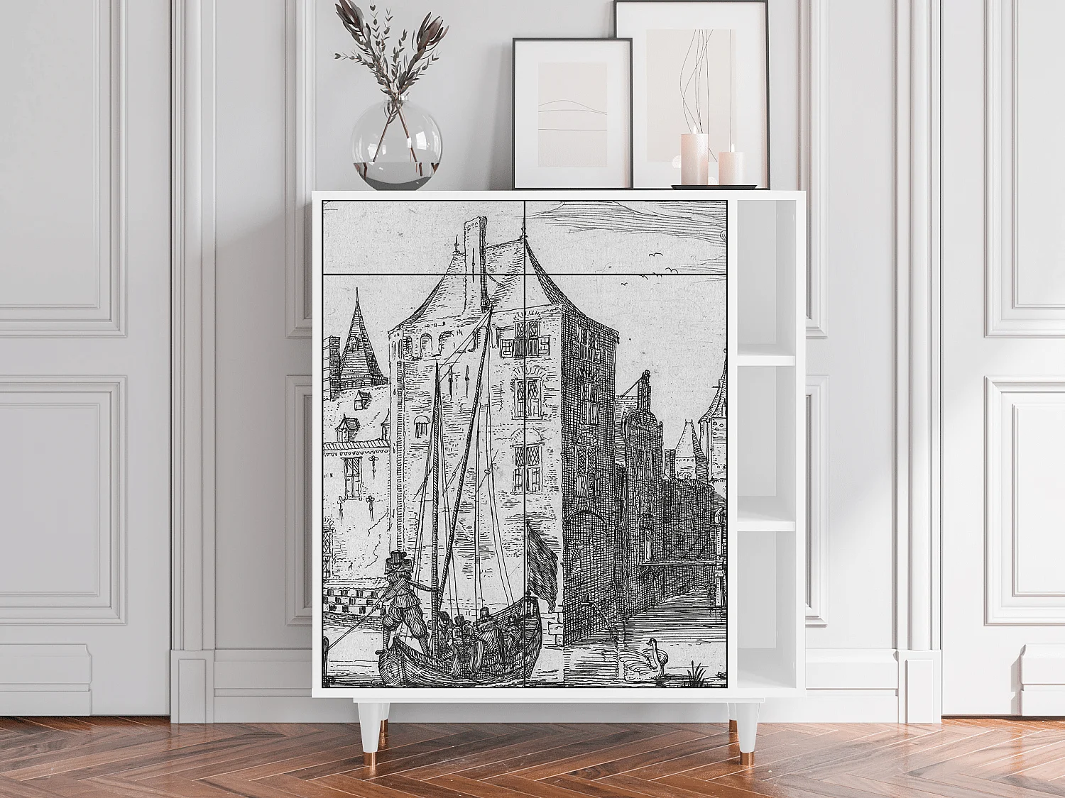 Kredens - 96х110х41 cm - BS6 - Castle with Bridge, Biały