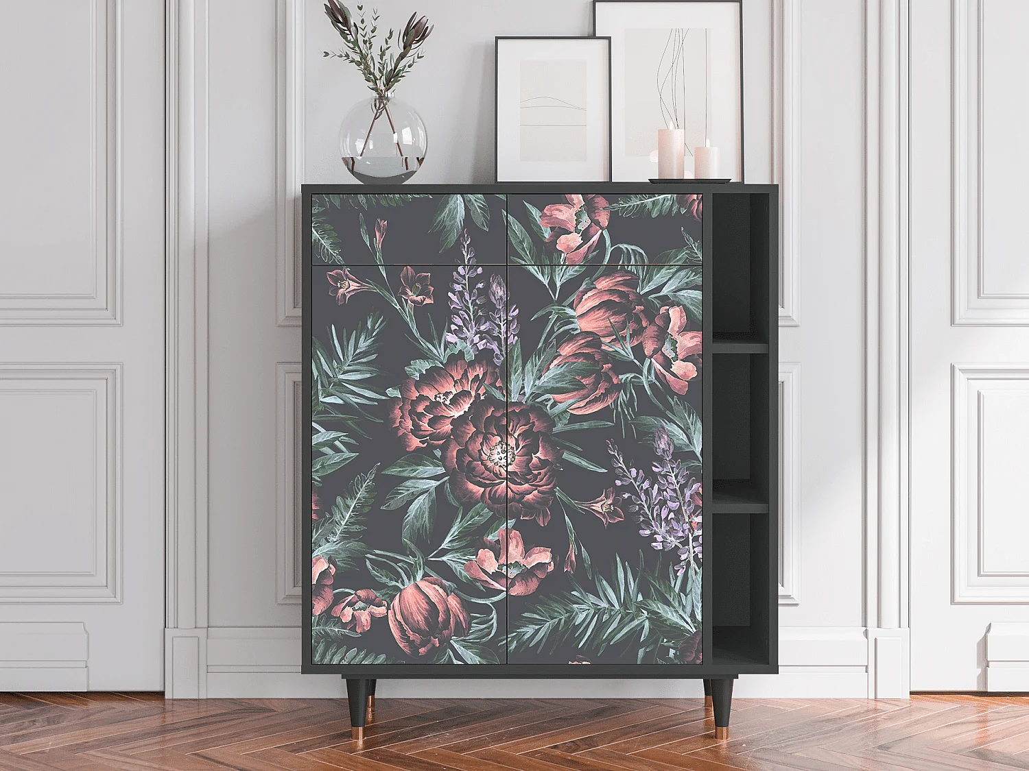 Kredens - 96х110х41 cm - BS6 - Dark Peonies, Antracyt
