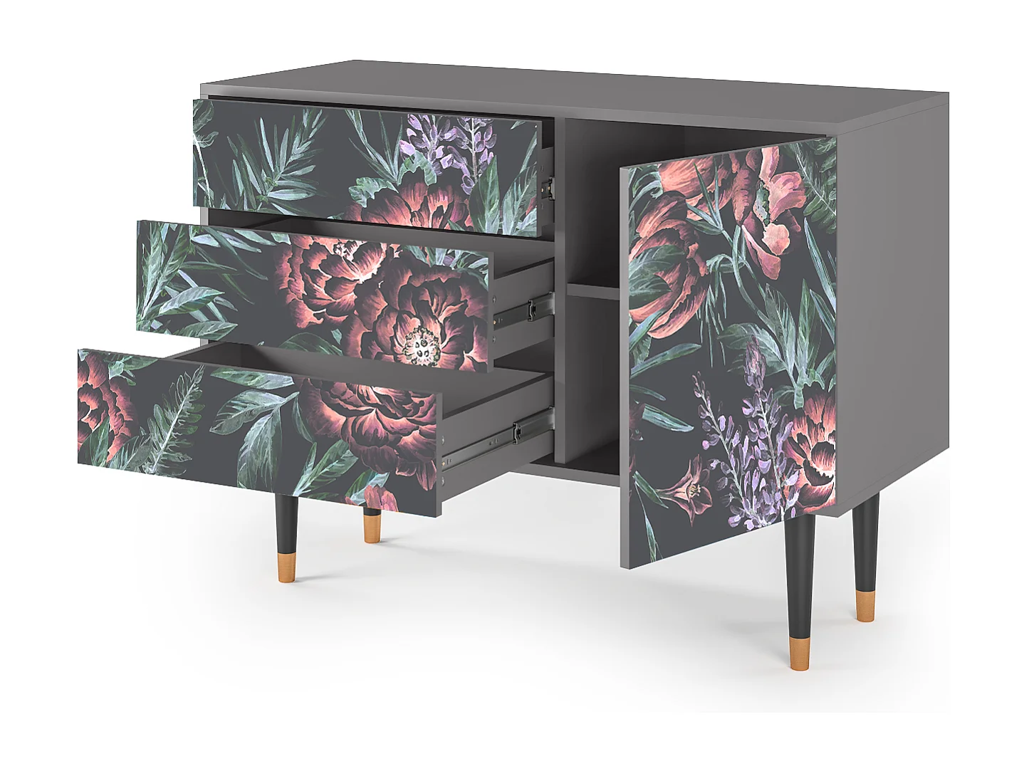 Kredens - 115х84х41 cm - S3 - Dark Peonies, Szary