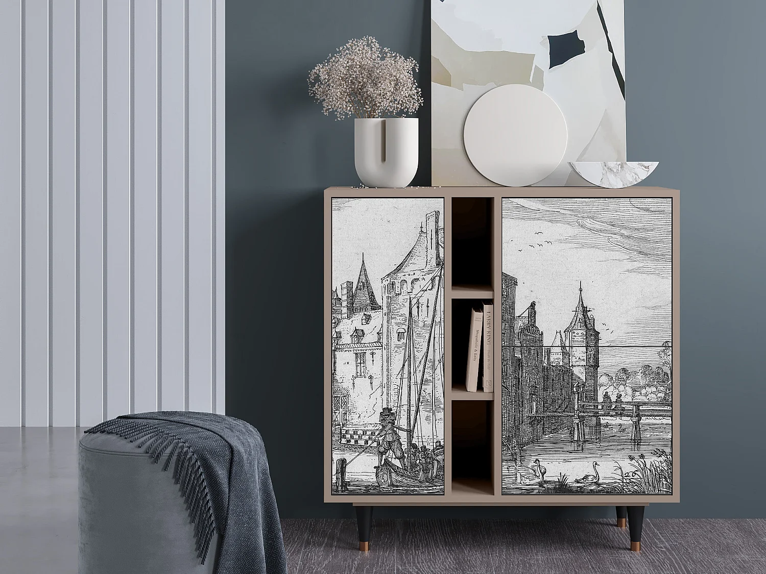 Kredens - 94х96х41 cm - BS5 - Castle with Bridge, Latte