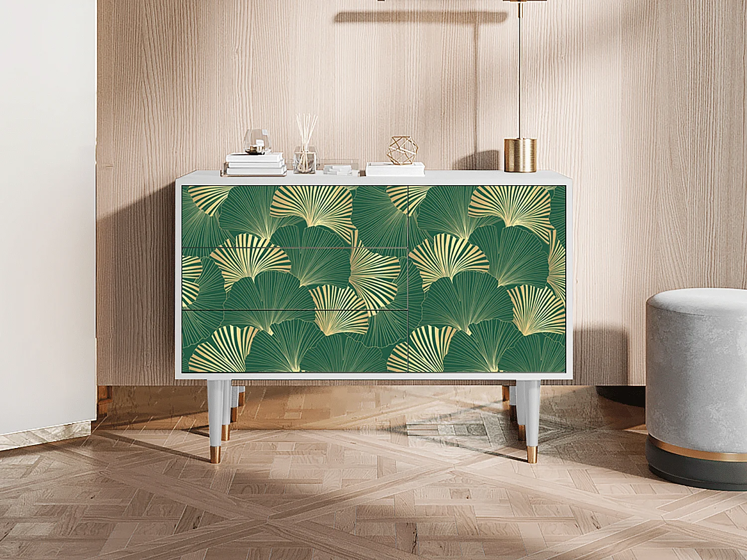 Kredens - 115х84х41 cm - S3 - Gold Ginkgo, Biały