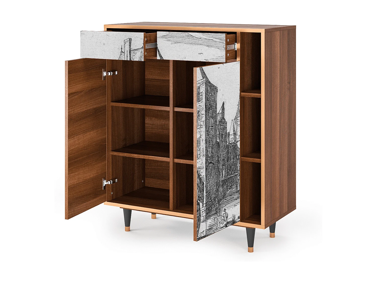 Sideboard - 96х110х41 cm - BS6 - Castle with Bridge, Walnuss