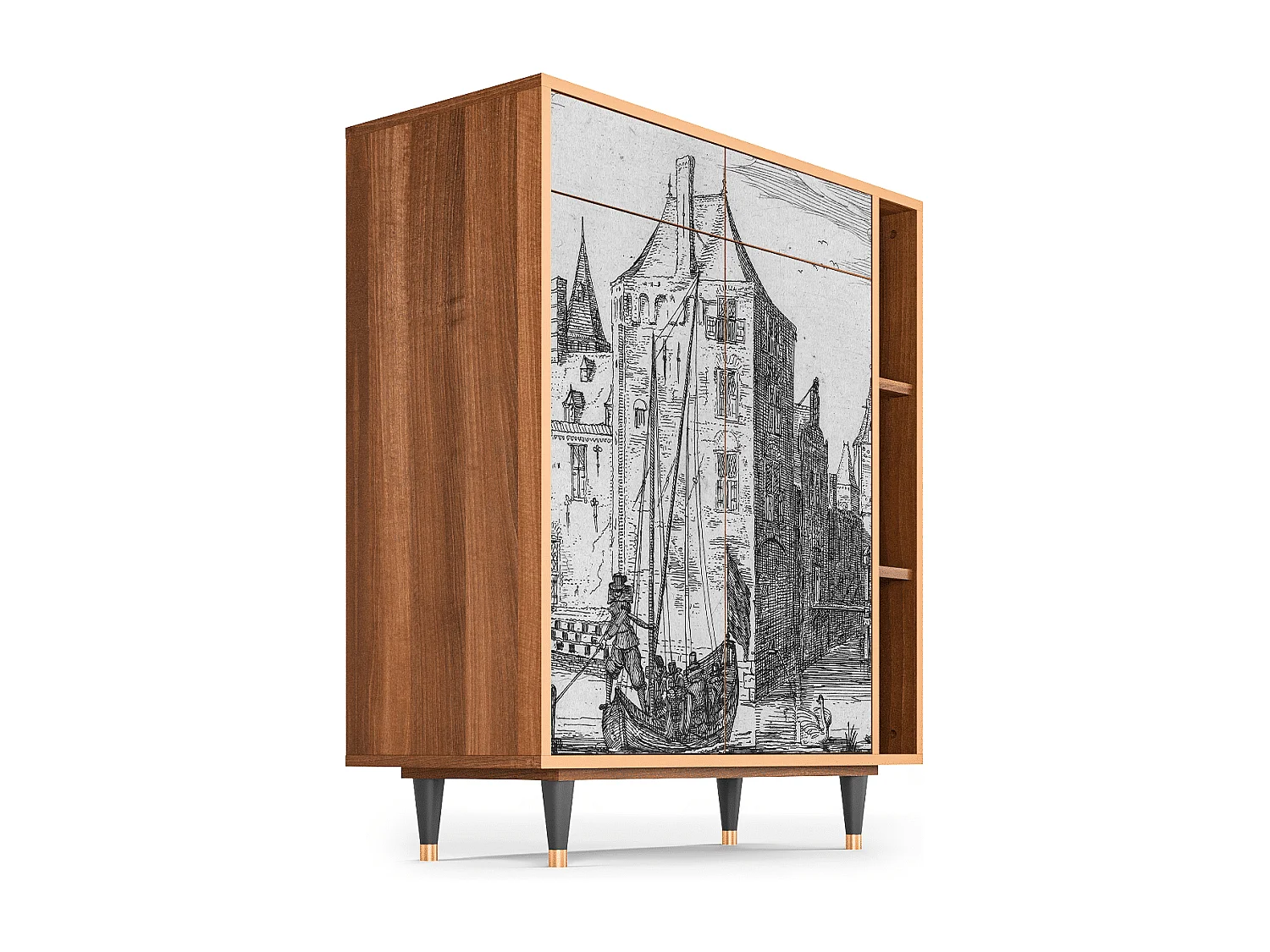 Kredens - 96х110х41 cm - BS6 - Castle with Bridge, Orzech