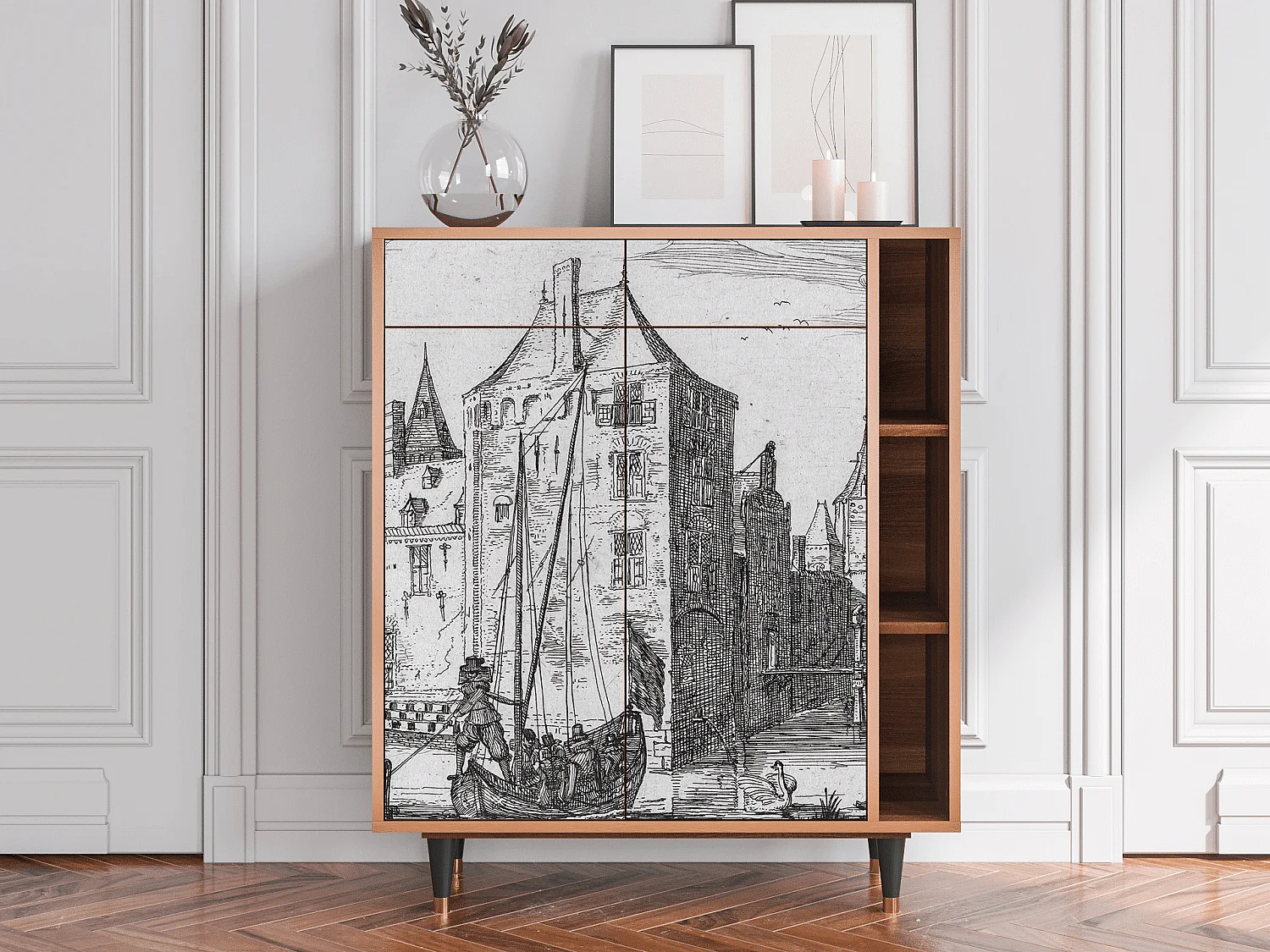 Kredens - 96х110х41 cm - BS6 - Castle with Bridge, Orzech