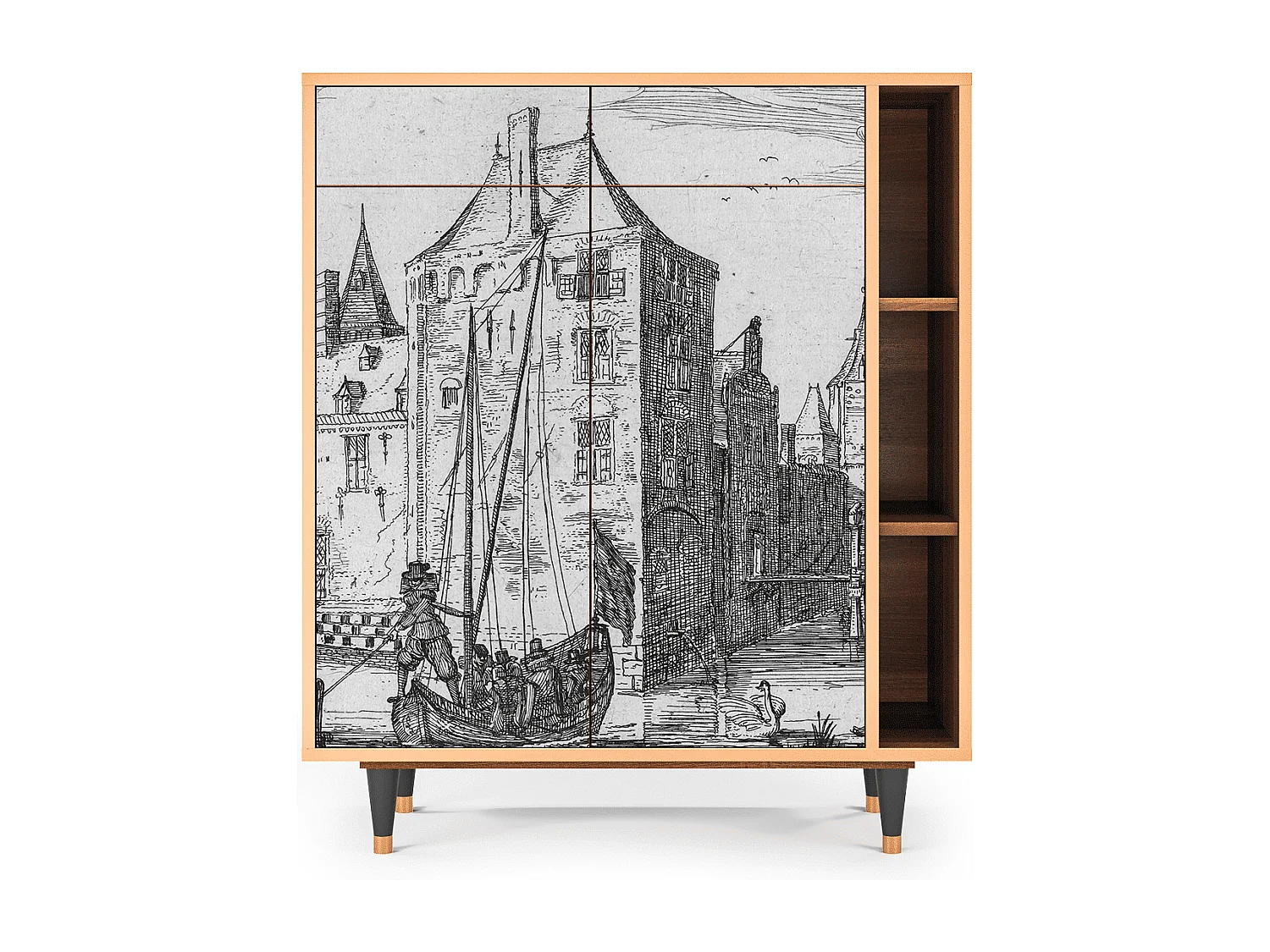 Kredens - 96х110х41 cm - BS6 - Castle with Bridge, Orzech