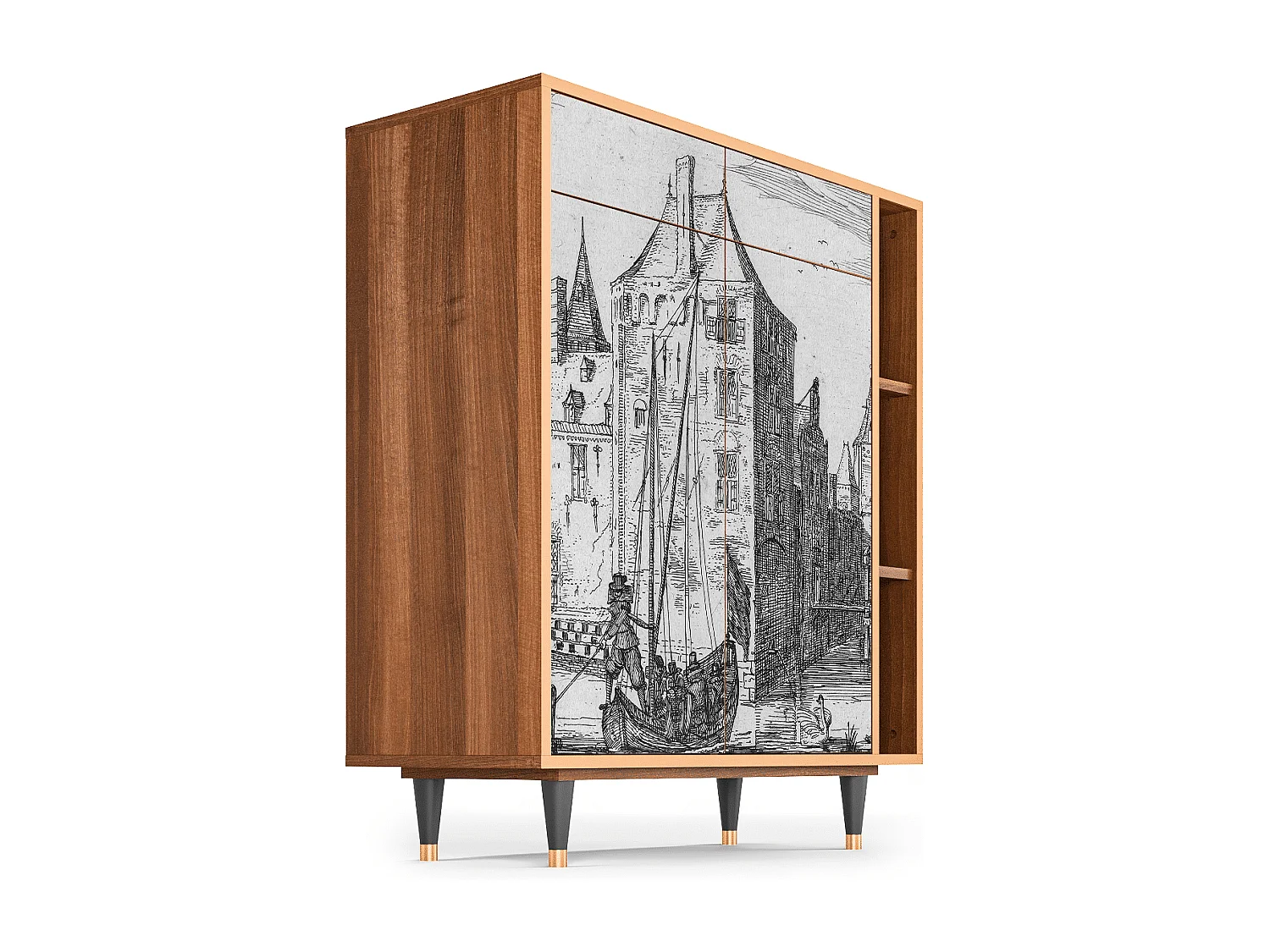 Kredens - 96х110х41 cm - BS6 - Castle with Bridge, Orzech