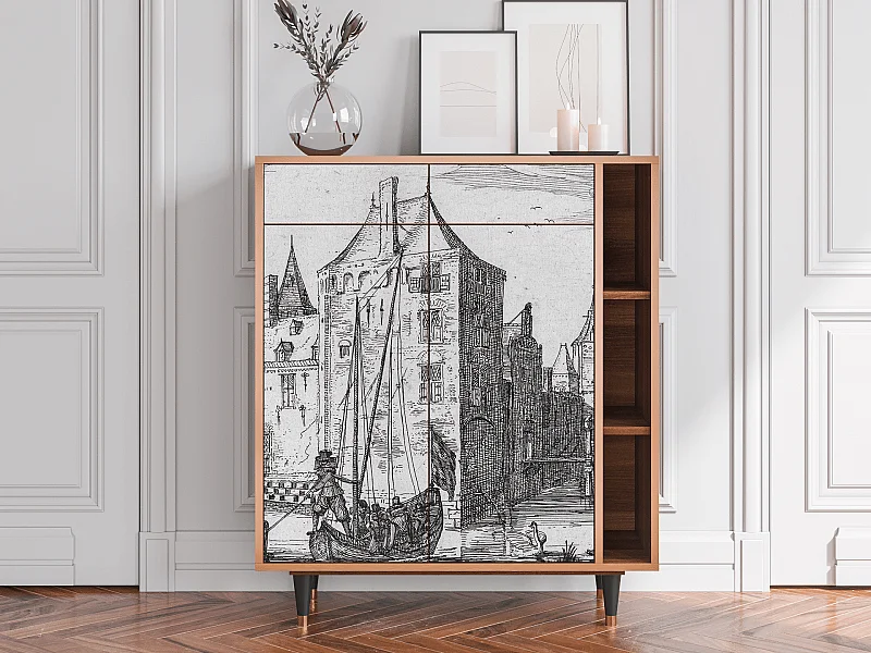 Kredens - 96х110х41 cm - BS6 - Castle with Bridge, Orzech