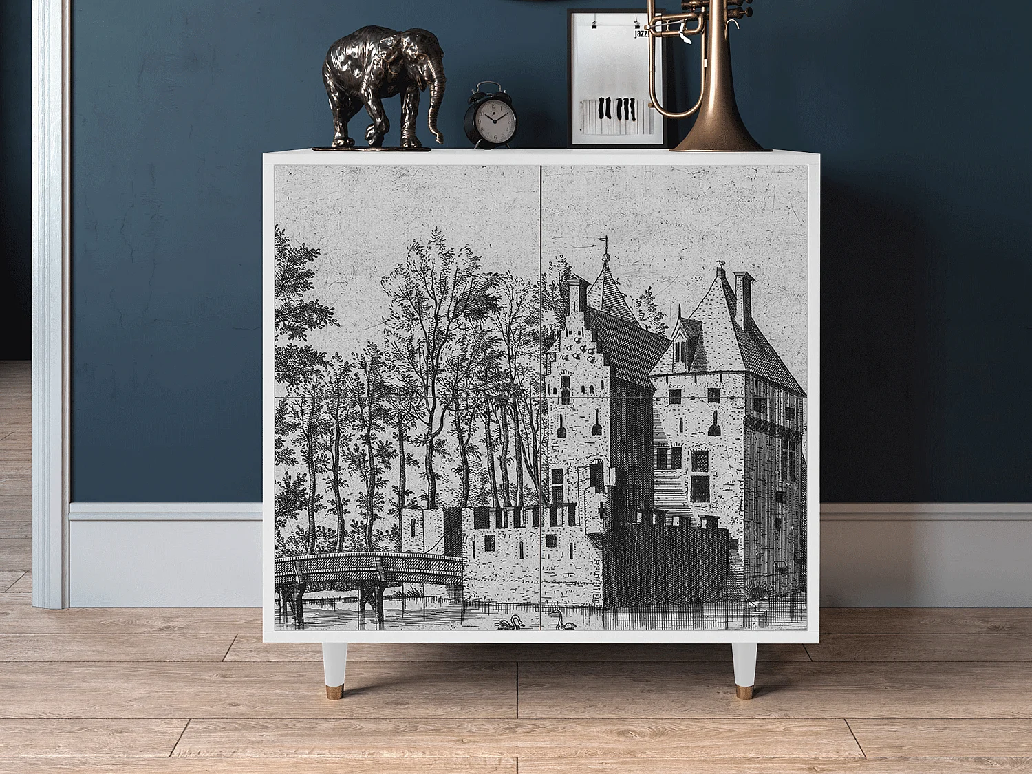 Kredens - 94x96x48 cm - BS3 - Castle with Bridge, Biały