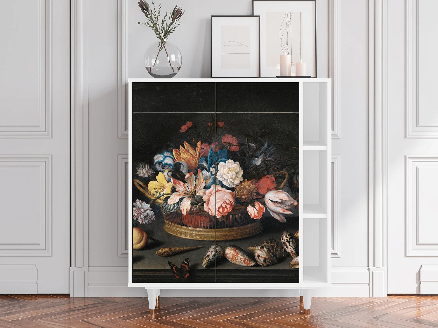 Kredens - 96х110х41 cm - BS6 - Still Life with Flowers, Biały