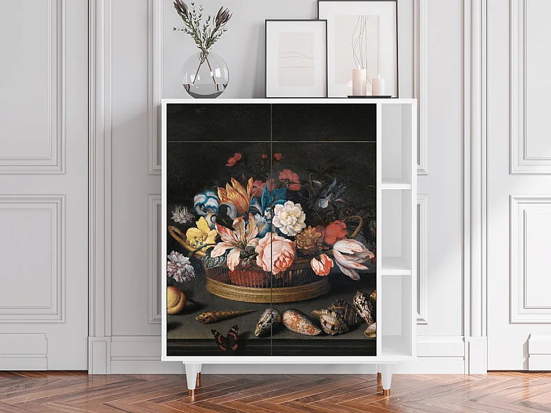 Kredens - 96х110х41 cm - BS6 - Still Life with Flowers, Biały