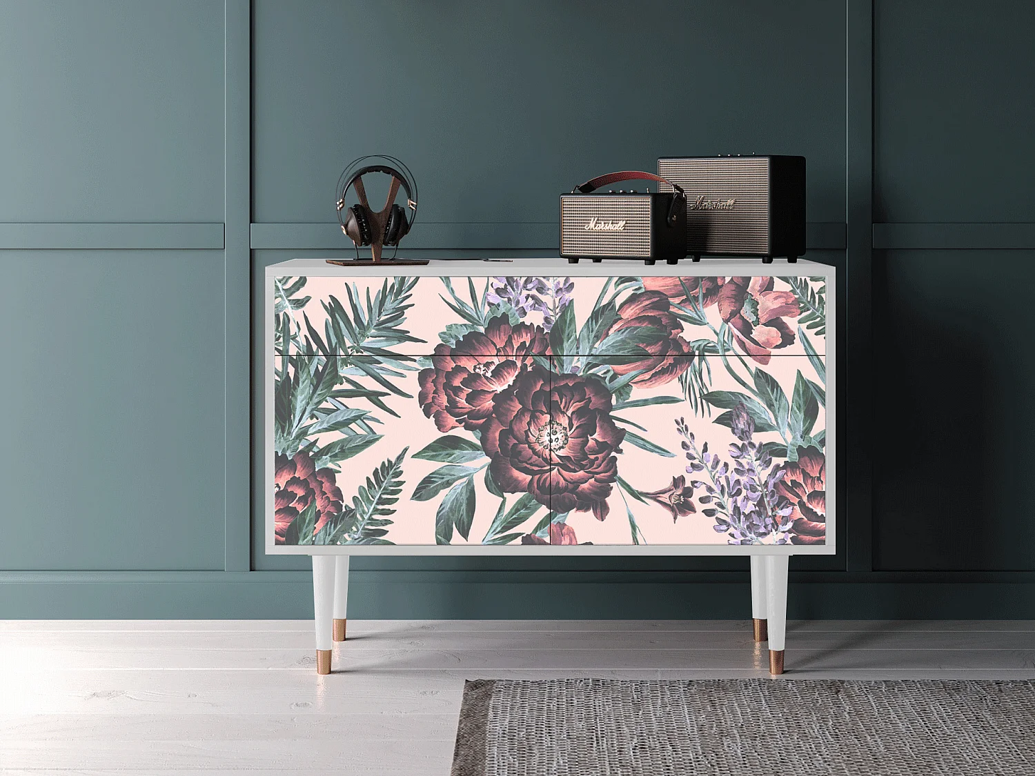 Kredens - 115x85x48 cm - BS4 - Peach Peonies, Biały