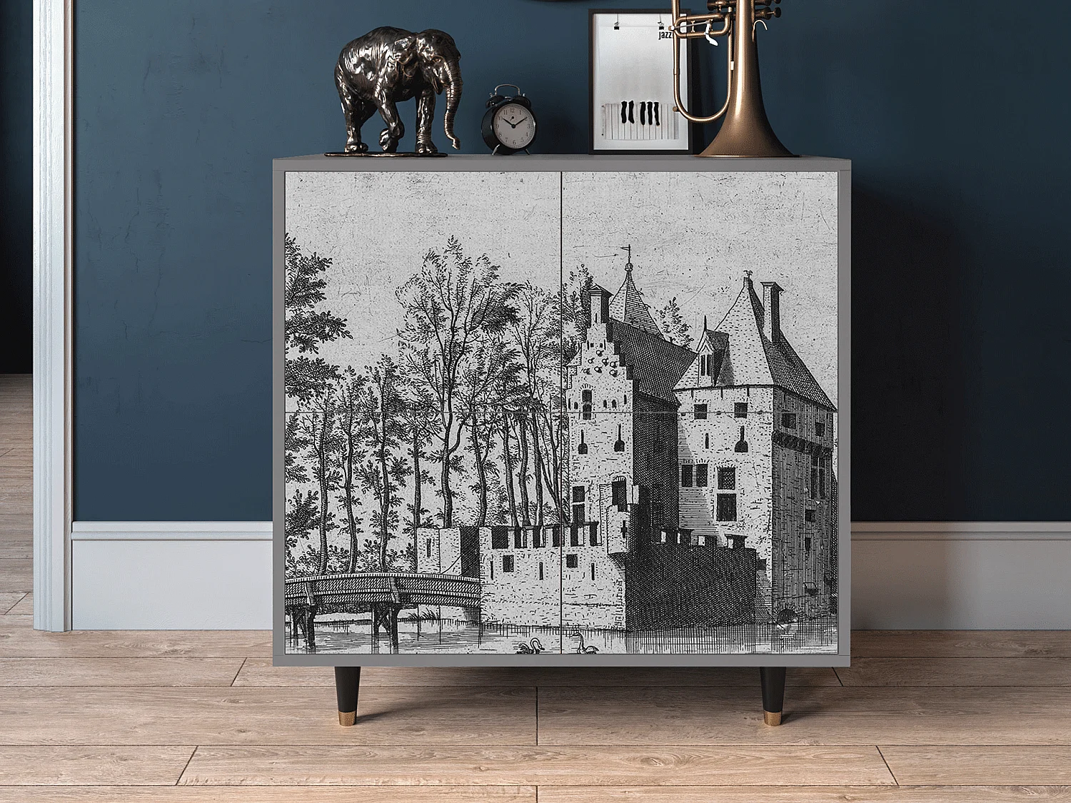 Kredens - 94x96x48 cm - BS3 - Castle with Bridge, Szary