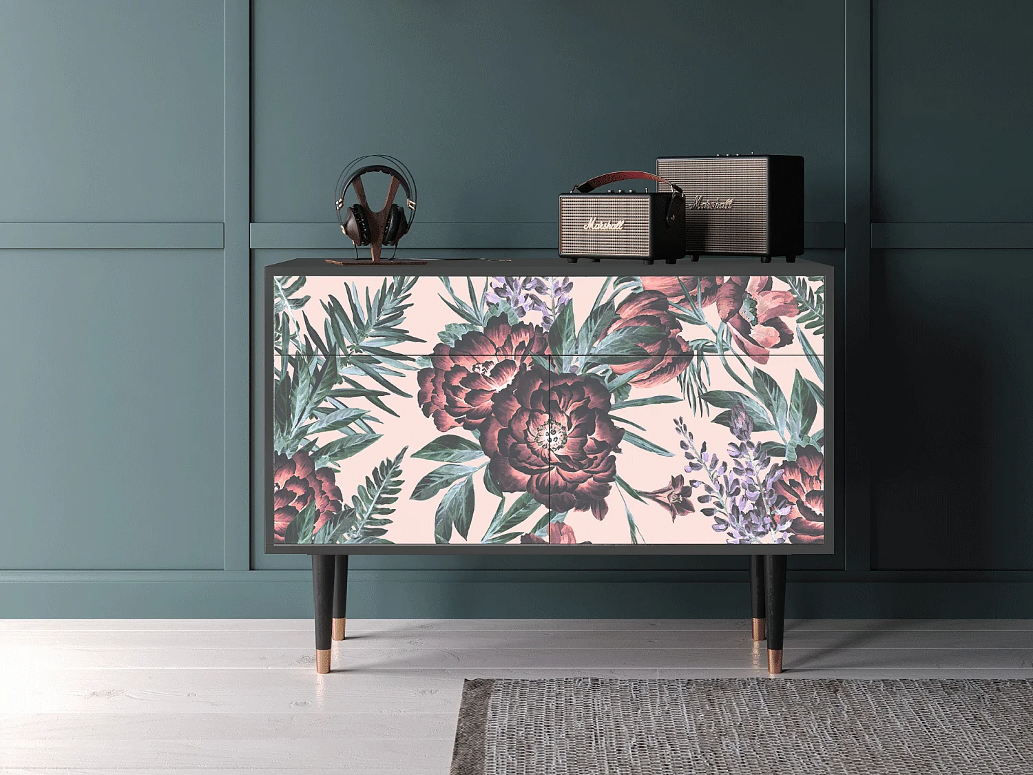 Kredens - 115x85x48 cm - BS4 - Peach Peonies, Antracyt