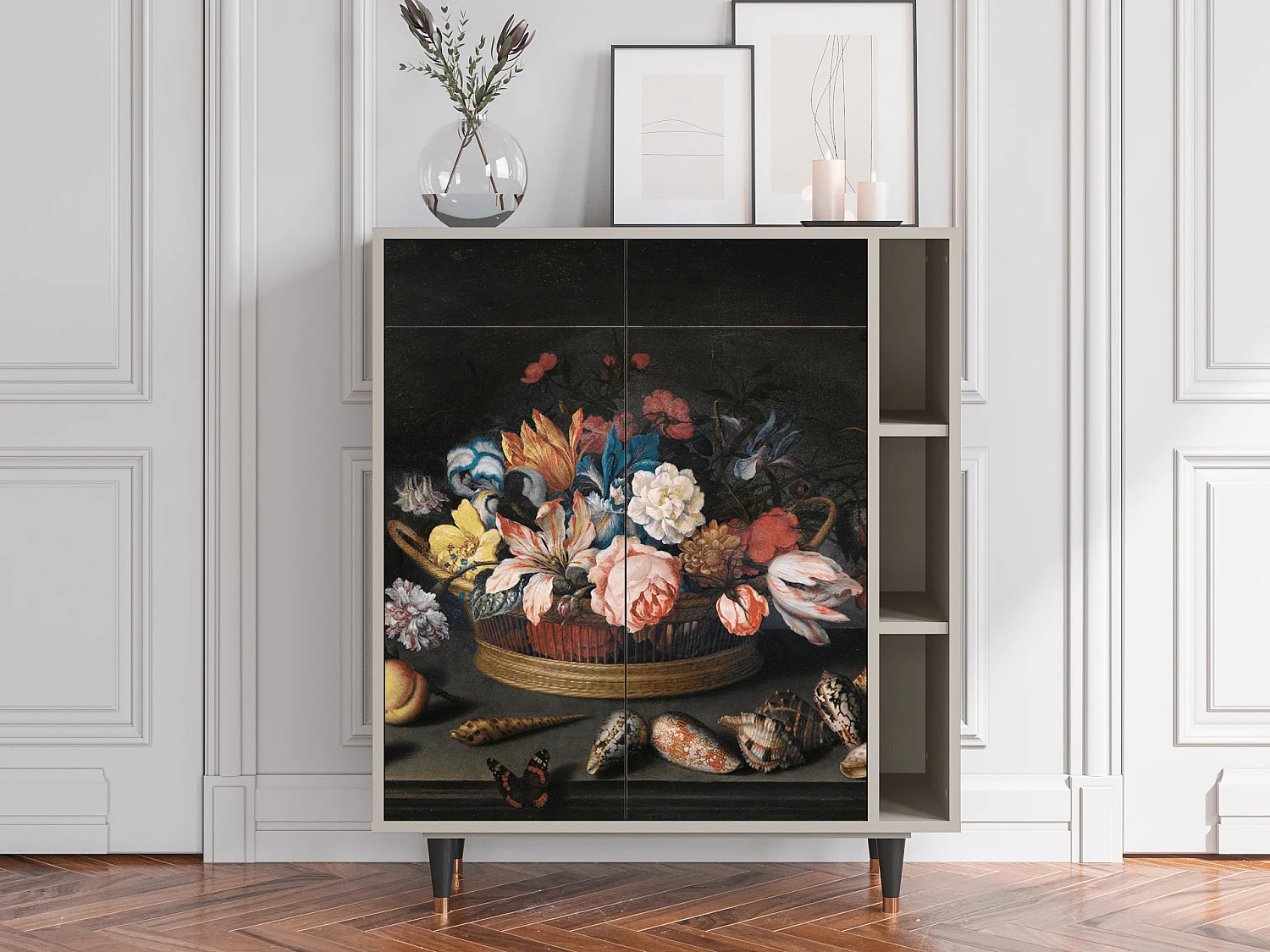 Kredens - 96х110х41 cm - BS6 - Still Life with Flowers, Piaskowy