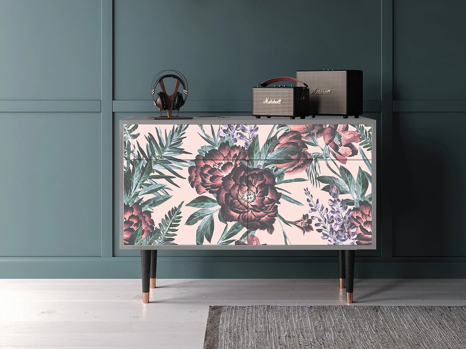 Kredens - 115x85x48 cm - BS4 - Peach Peonies, Szary