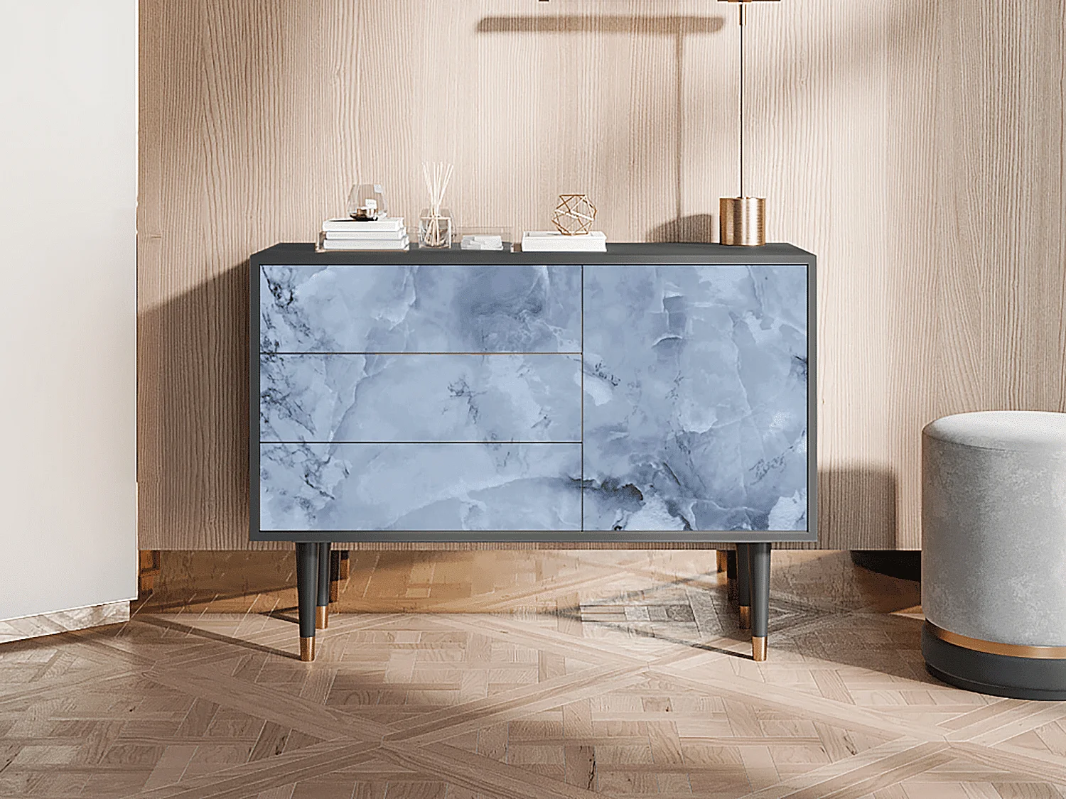 Kredens - 115х84х41 cm - S3 - Feather Ice, Antracyt