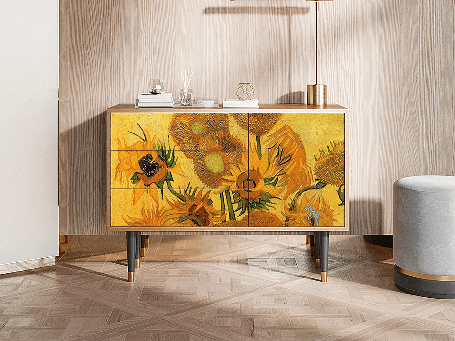 Kredens - 115х84х41 cm - S3 - Sunflowers, Orzech