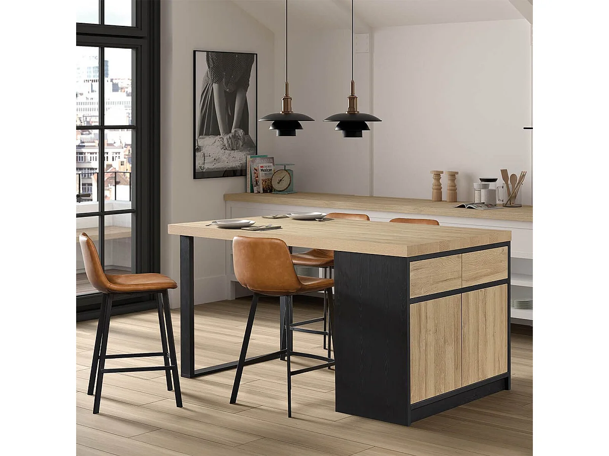 KALDARI - Ilôt de cuisine Plateau 230cm avec Rangement Aspect Bois Pieds Métal