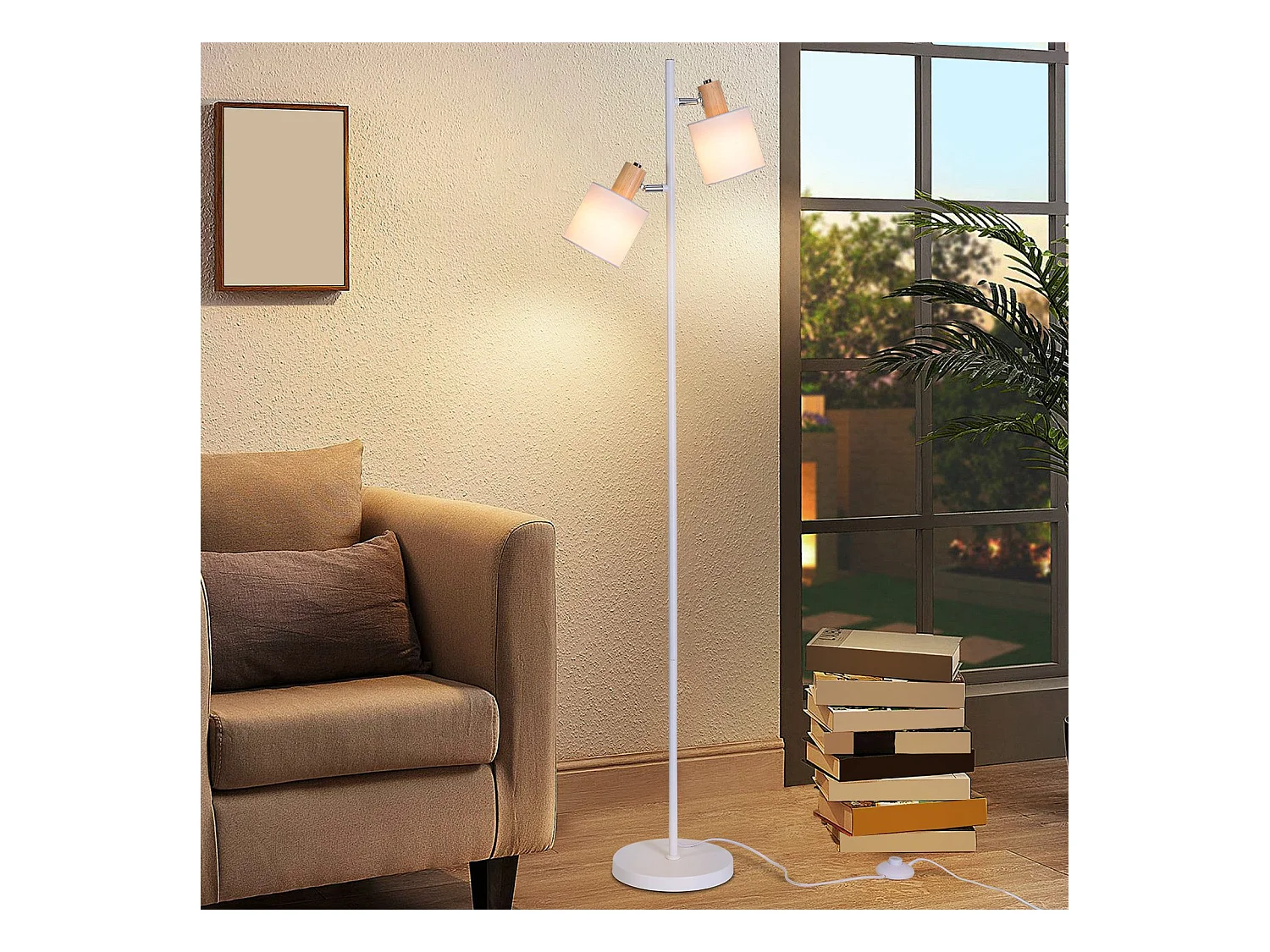 NETTLIFE Lampadaire salon 2 ampoules E14 abat-jour tissu blanc vintage 145cm lampadaire