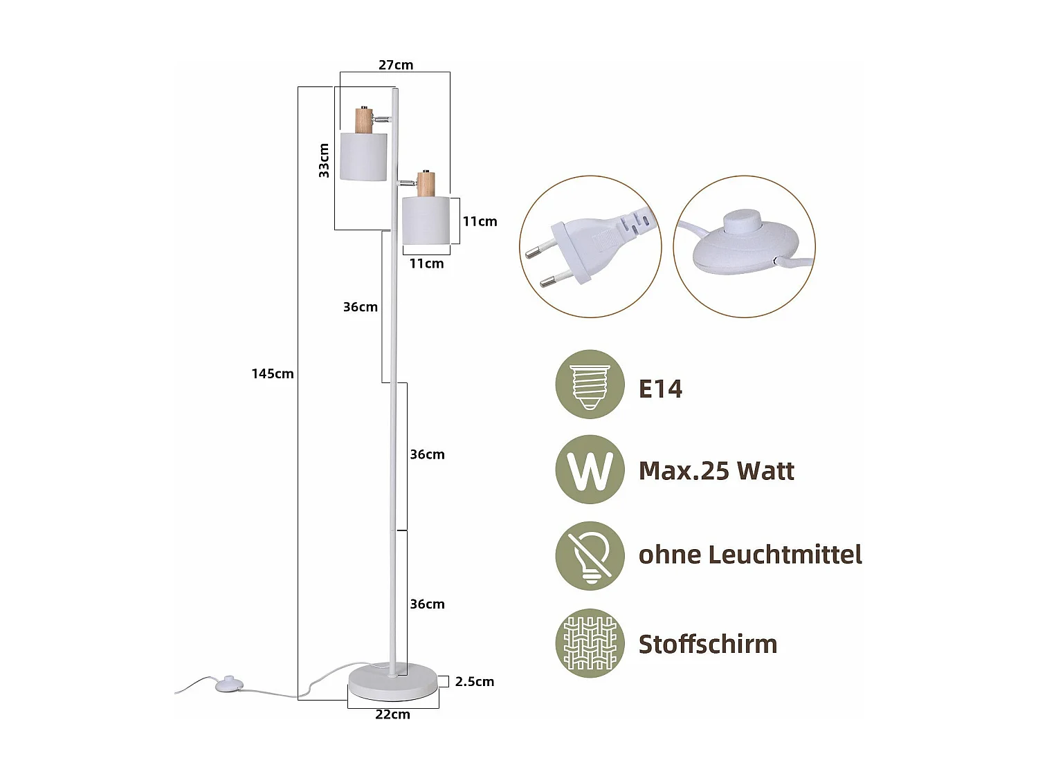 NETTLIFE Wohnzimmer Stehlampe 2 E14 Glühbirnen Vintage weißer Stoff Lampenschirm 145cm Stehlampe