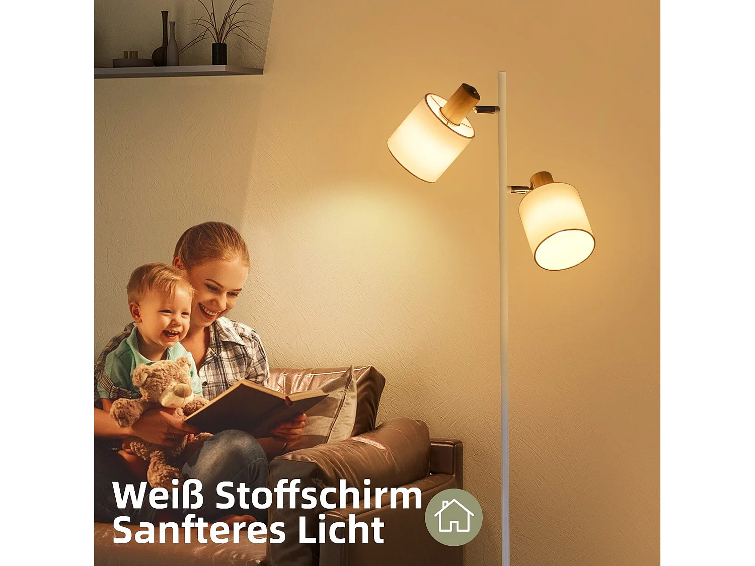 NETTLIFE Lampadaire salon 2 ampoules E14 abat-jour tissu blanc vintage 145cm lampadaire