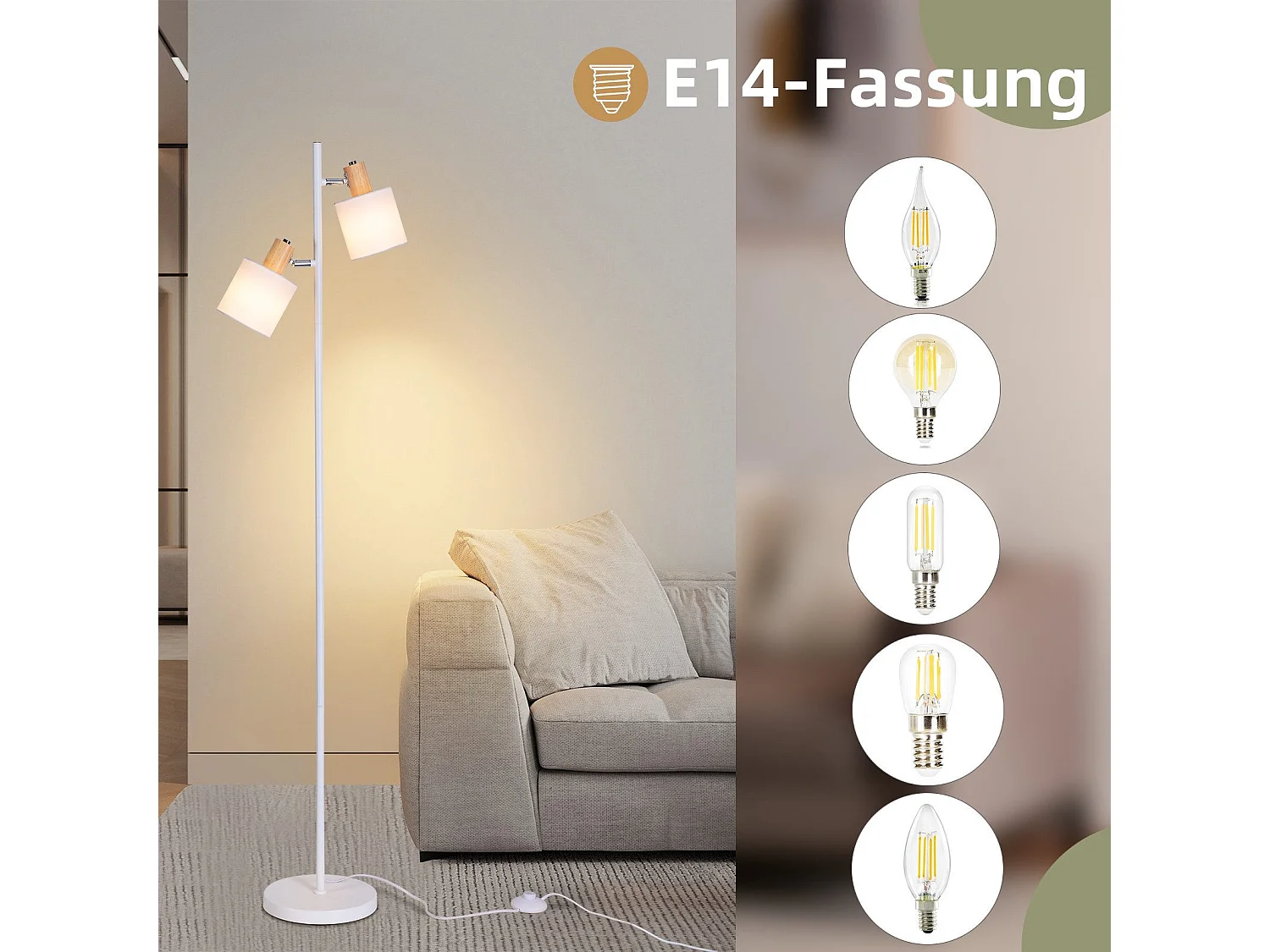 NETTLIFE Lampadaire salon 2 ampoules E14 abat-jour tissu blanc vintage 145cm lampadaire