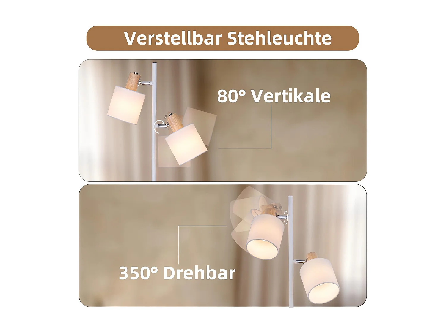 NETTLIFE Lampadaire salon 2 ampoules E14 abat-jour tissu blanc vintage 145cm lampadaire