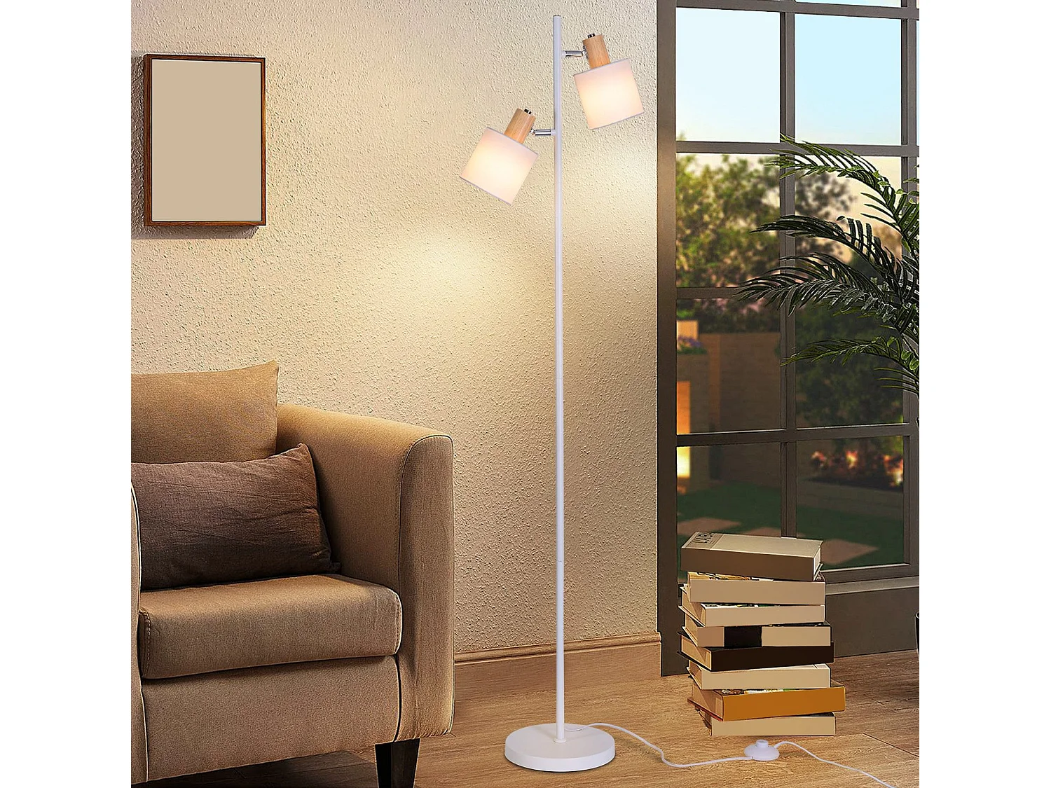 NETTLIFE Lampadaire salon 2 ampoules E14 abat-jour tissu blanc vintage 145cm lampadaire