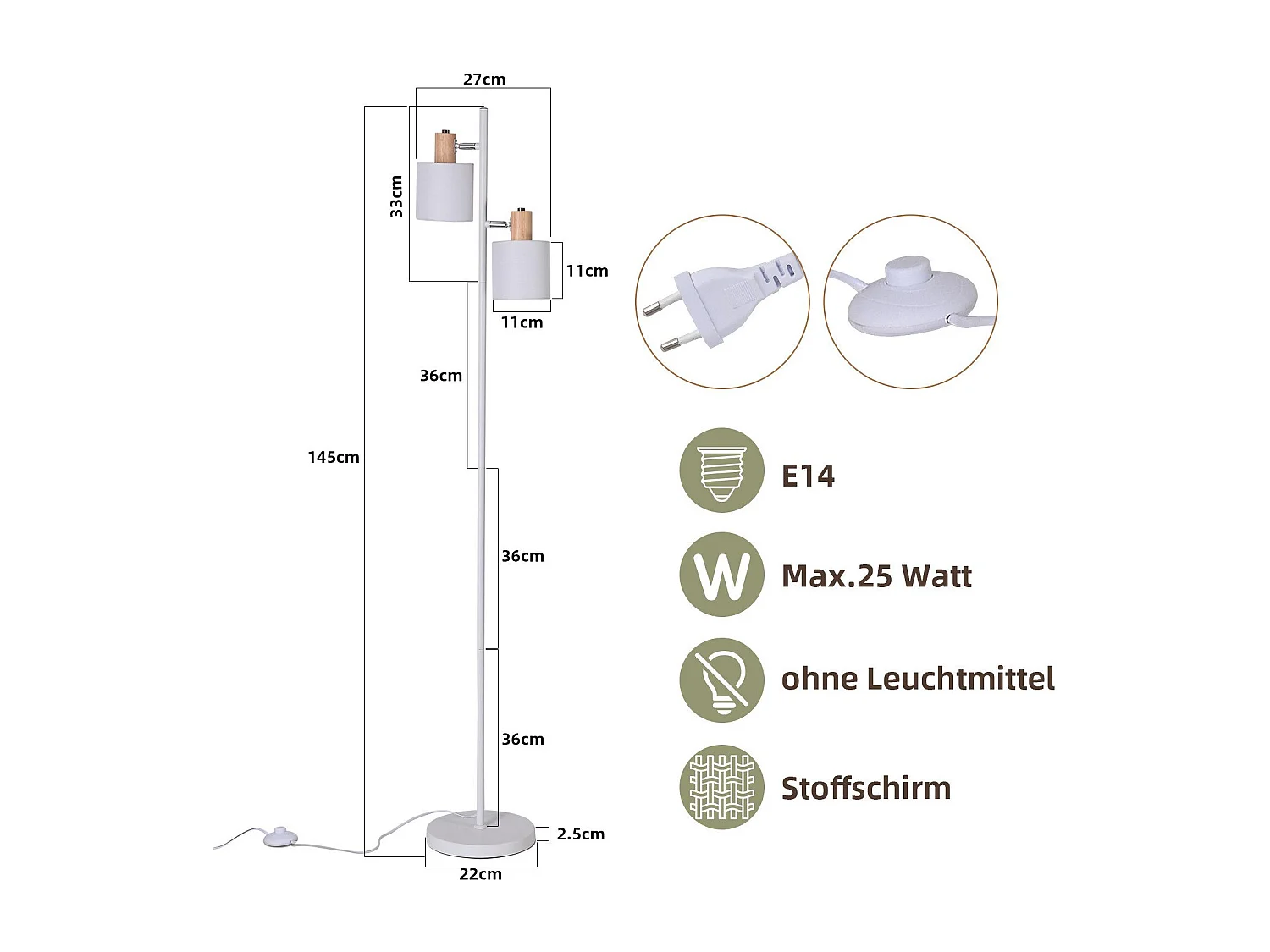 NETTLIFE Lampadaire salon 2 ampoules E14 abat-jour tissu blanc vintage 145cm lampadaire