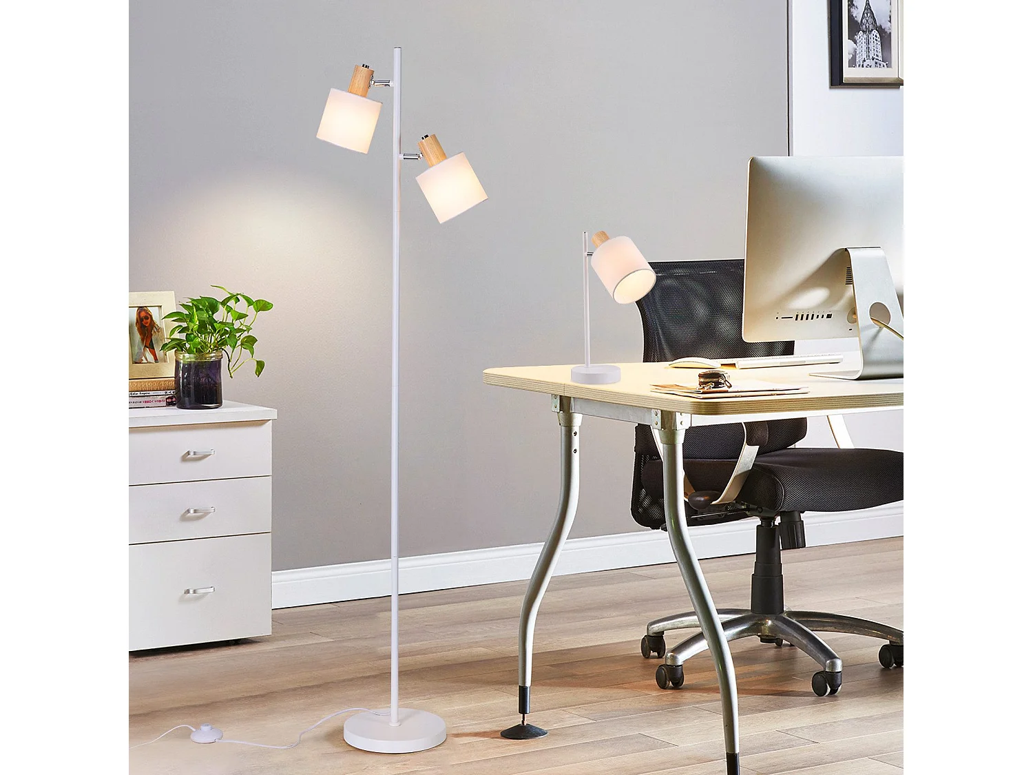 NETTLIFE Lampadaire salon 2 ampoules E14 abat-jour tissu blanc vintage 145cm lampadaire