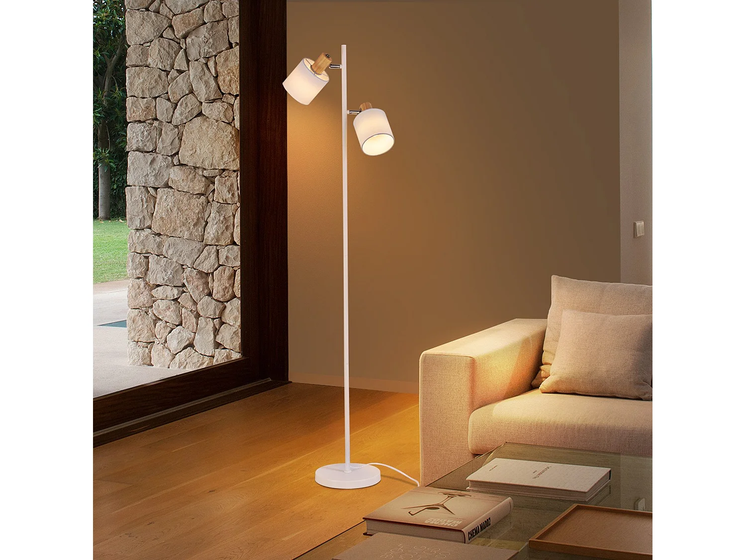 NETTLIFE Lampadaire salon 2 ampoules E14 abat-jour tissu blanc vintage 145cm lampadaire