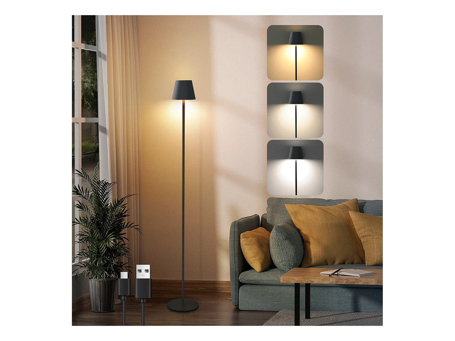 NETTLIFE Lampa podłogowa LED Czarna Nowoczesna Ściemnialna 125 cm 3 Temperatury Barwowe USB Salon