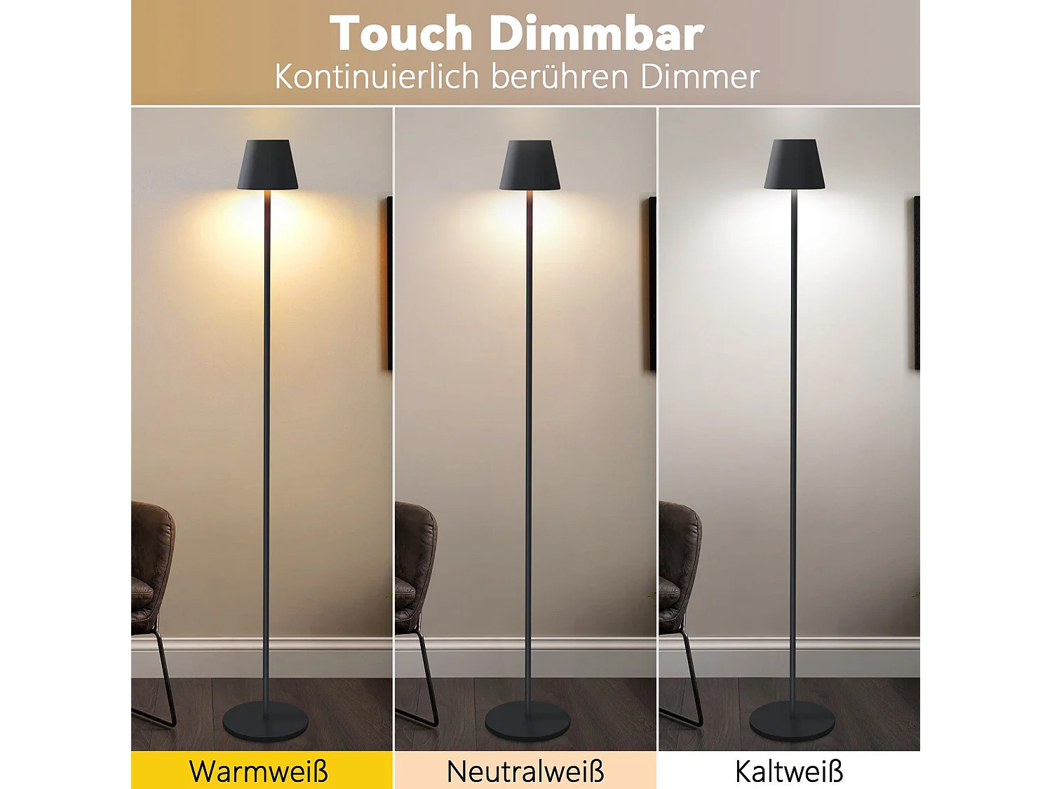 NETTLIFE LED Vloerlamp Zwart Modern Dimbaar 125cm 3 Kleurtemperaturen USB Woonkamer