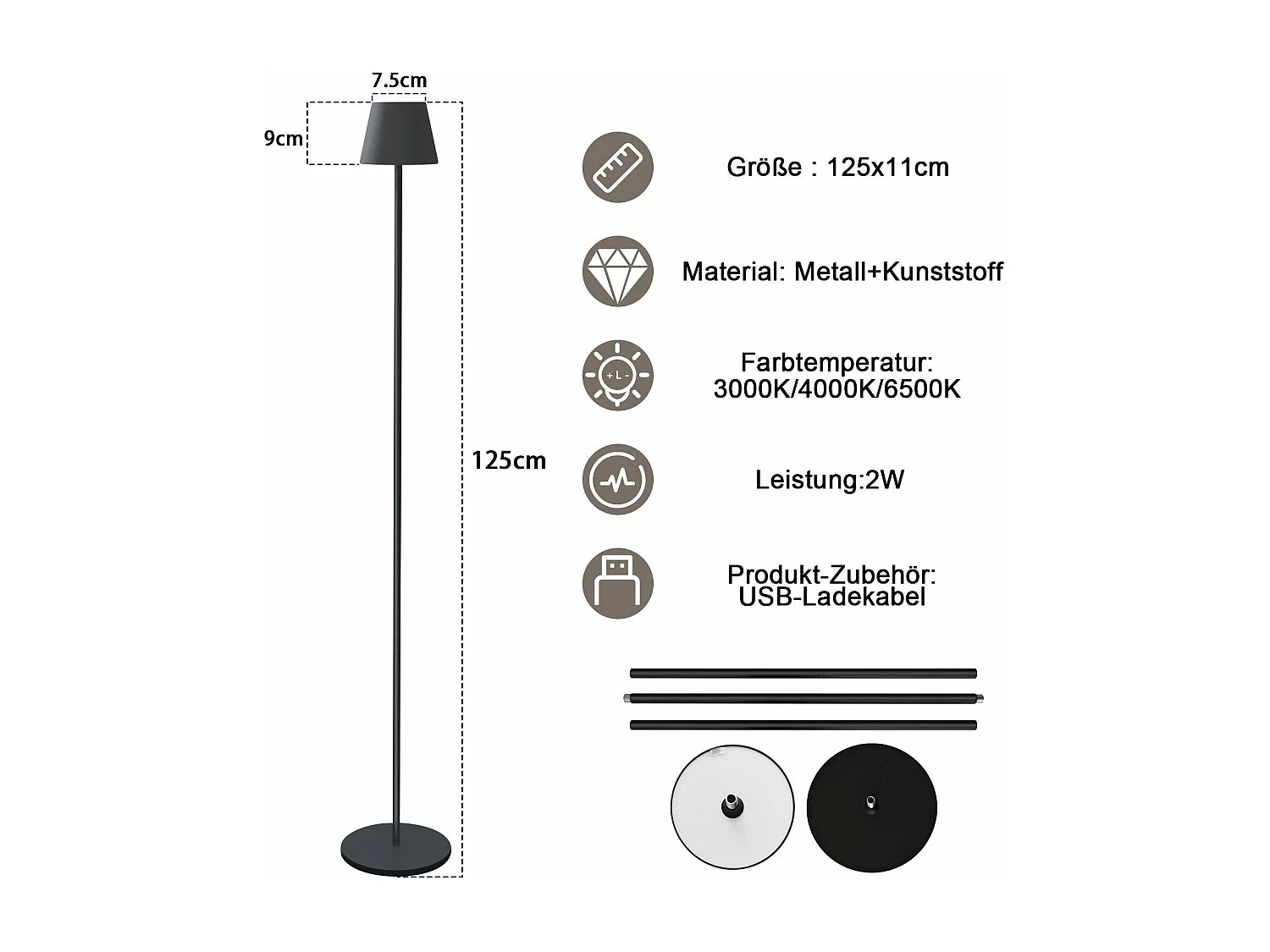 NETTLIFE LED Vloerlamp Zwart Modern Dimbaar 125cm 3 Kleurtemperaturen USB Woonkamer