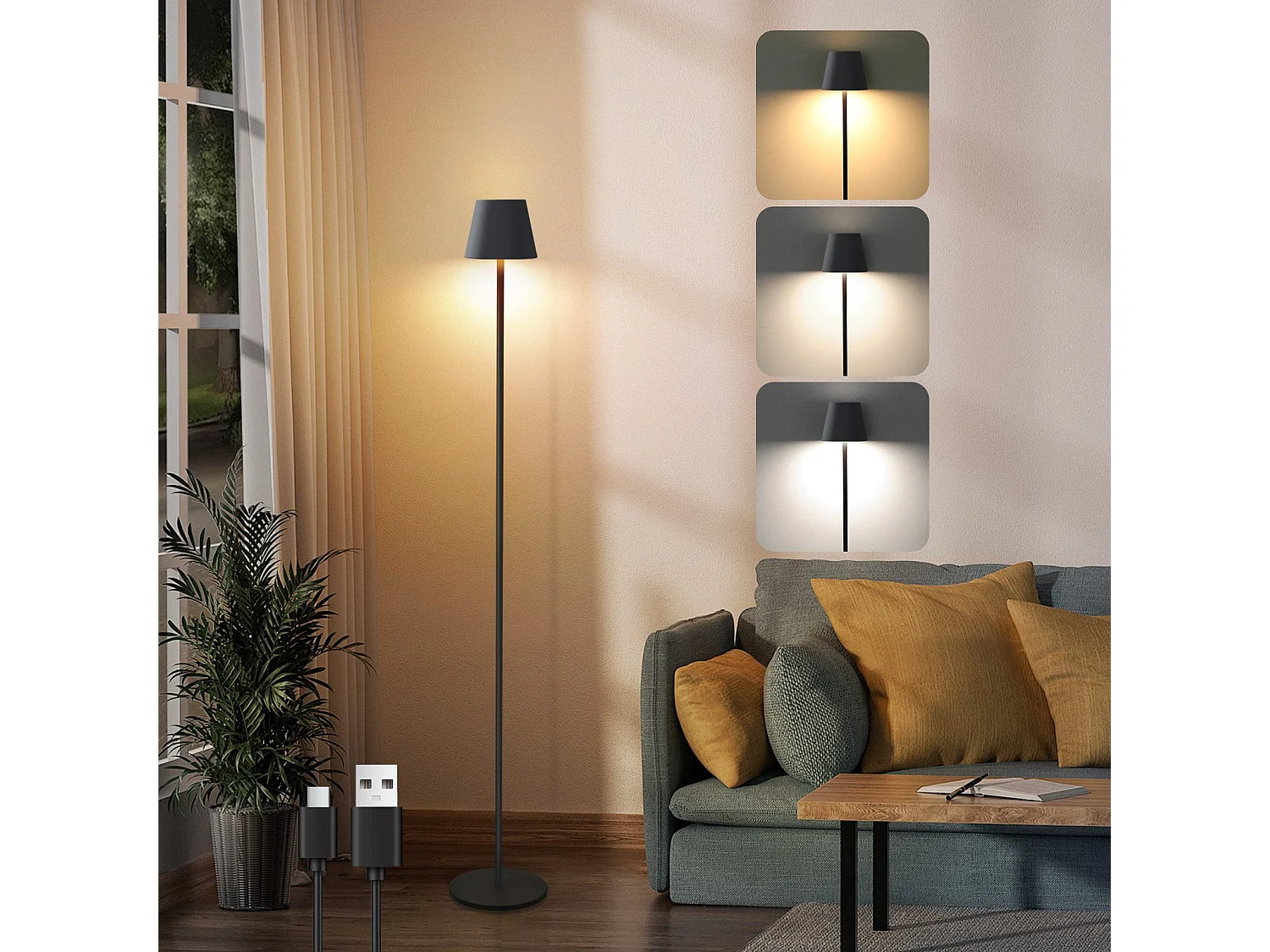 NETTLIFE LED Lampadaire Noir Moderne Dimmable 125cm 3 températures de couleur USB Salon