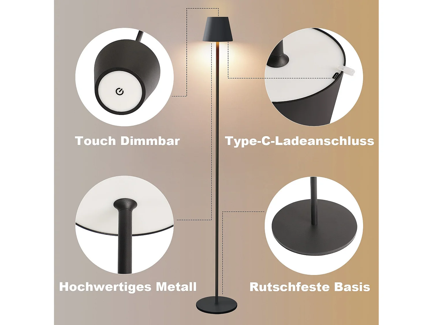 NETTLIFE LED Lampadaire Noir Moderne Dimmable 125cm 3 températures de couleur USB Salon